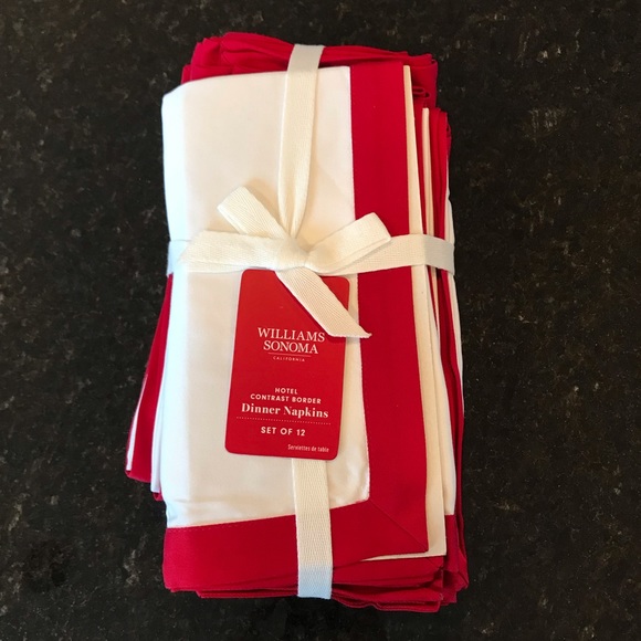 New Williams Sonoma Bordered Hotel Napkins, Set of 12, White & Red Cloth Napkins - Picture 4 of 11